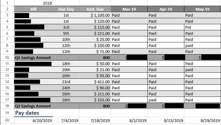2018 structured spreadsheet with savings and debt-to-income tracking
