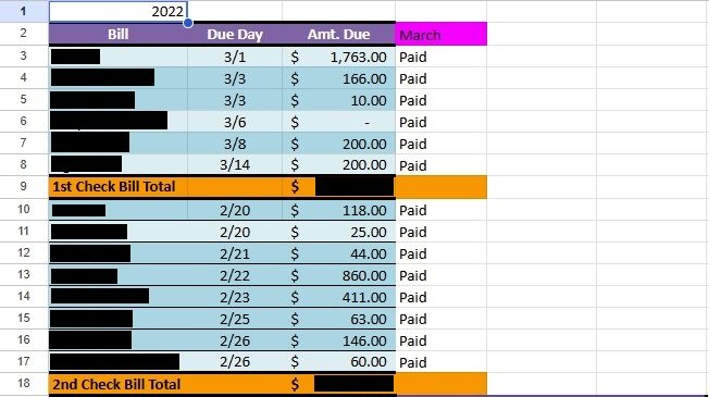 2022 Google Sheets layout split by first and second paycheck